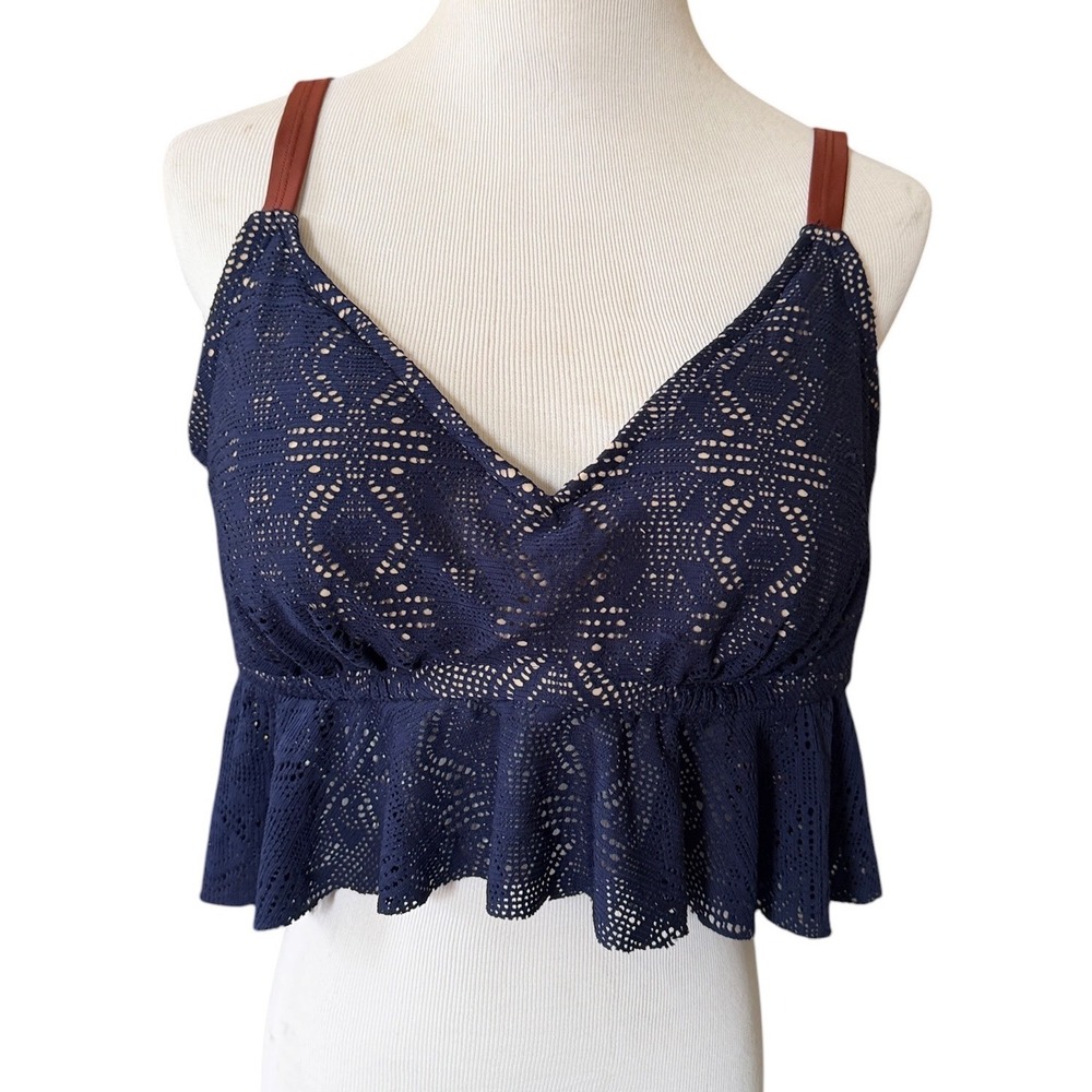 Costa Del Sol Navy Blue Crochet Peplum Bikini Top Brown Straps Womens 1X Cottage